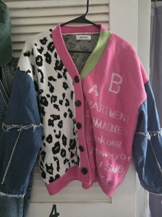 JASCIS Sweaters - JASCIS Colorblock Leopard Patchwork Cardigan - Pink/White/Denim